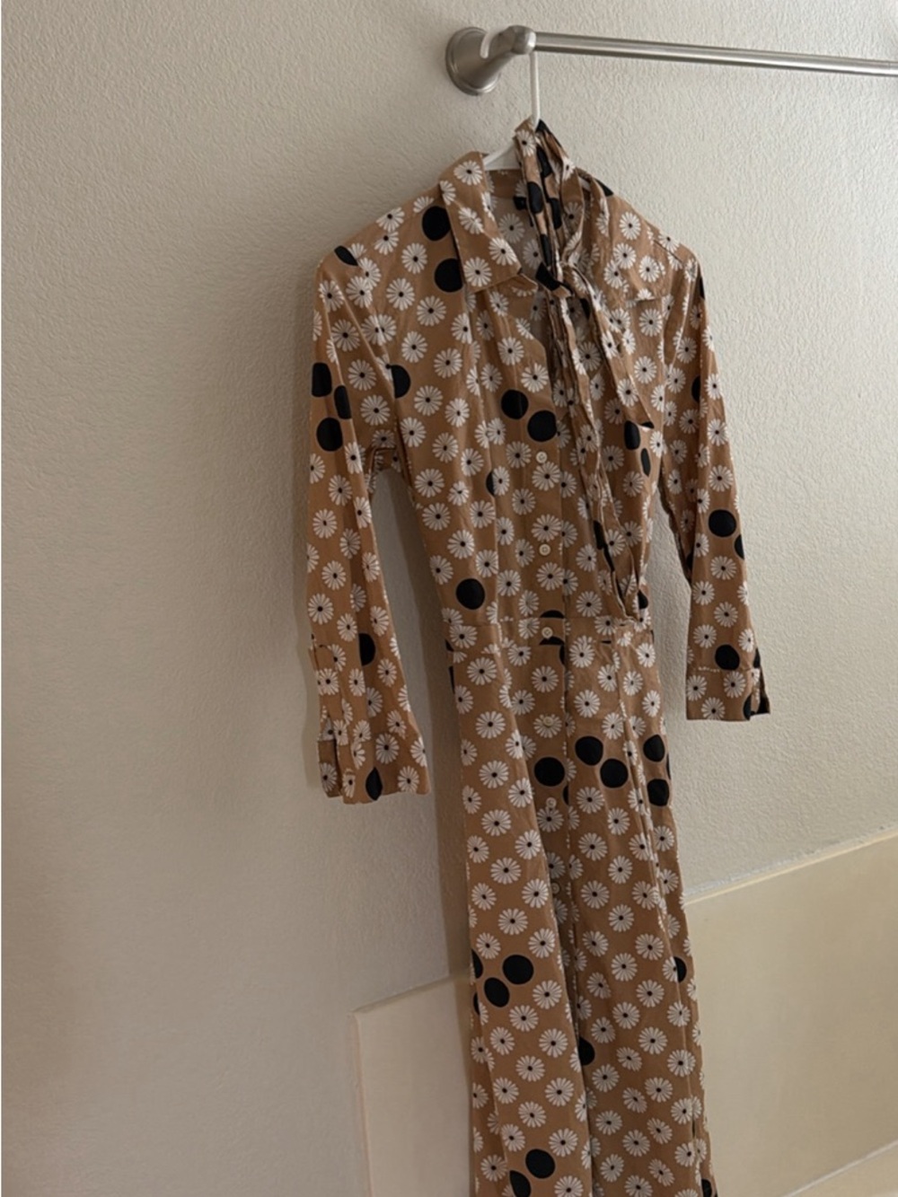 Tan Floral & Black Dot Tie-Neck dress Talbots